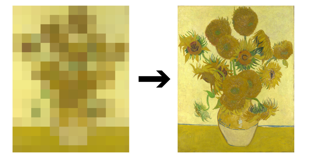 Blurred image of a picture on left with an arrow pointing to a high resolution image of a picture on right